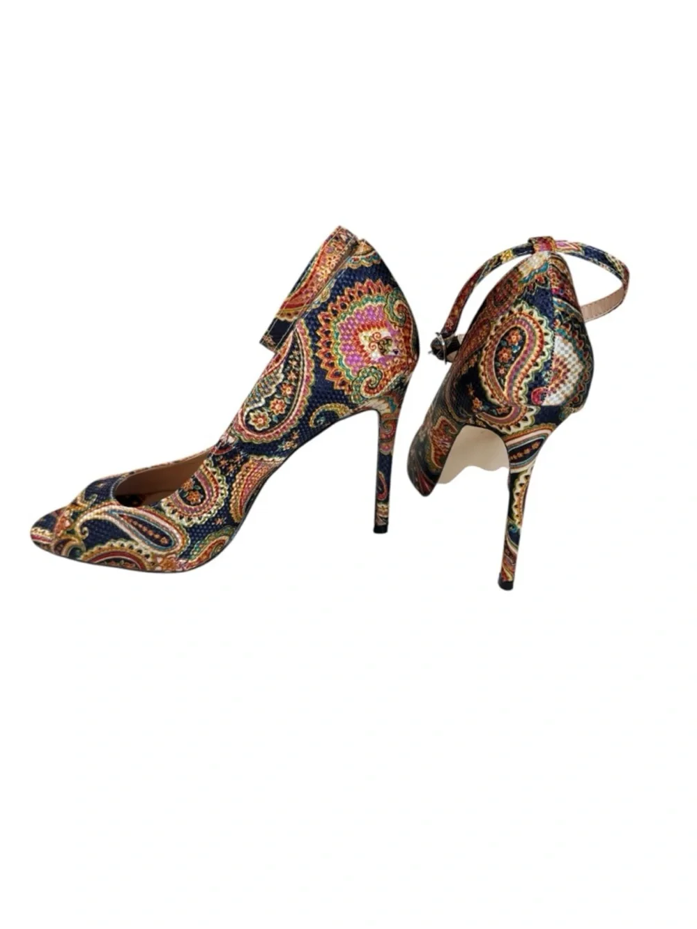 Jolimall Paisley Blue Yellow Orange Pink Ankle-Strap Peep-Toe Heels Size 9 - Picture 9 of 11